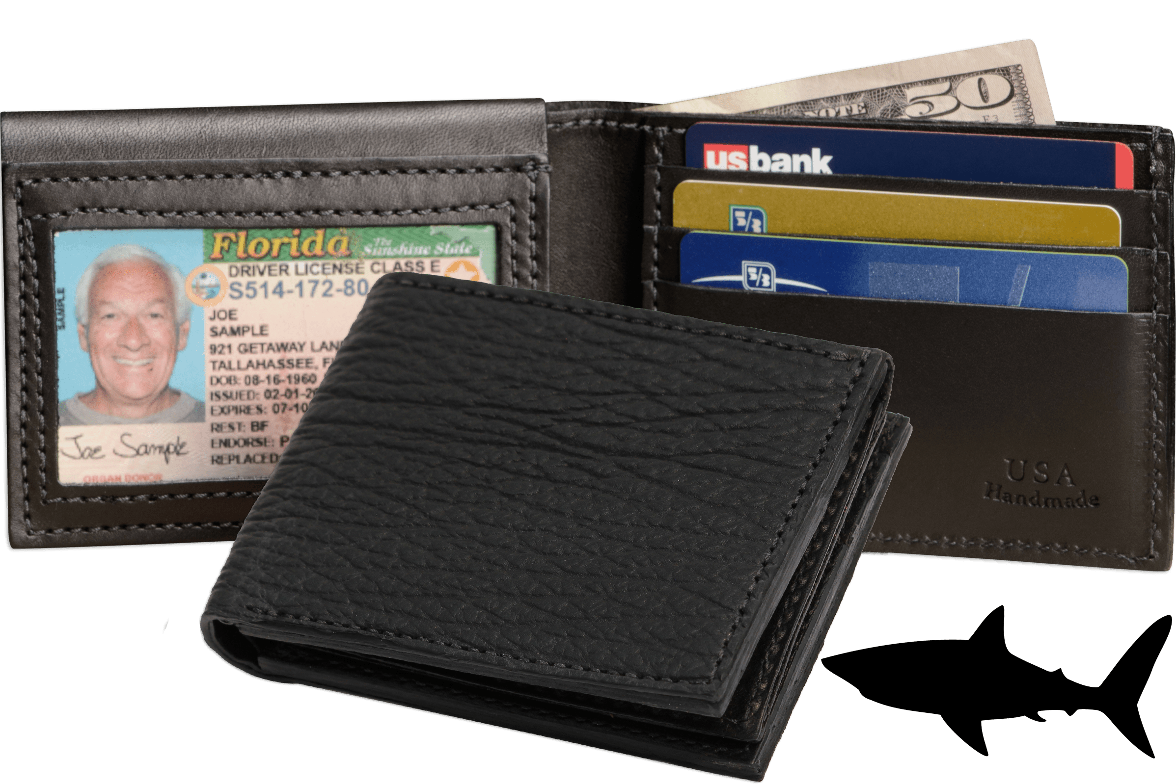 Black Shark Luxury Designer Exotic Bifold Wallet With Flip Up ID Windo
