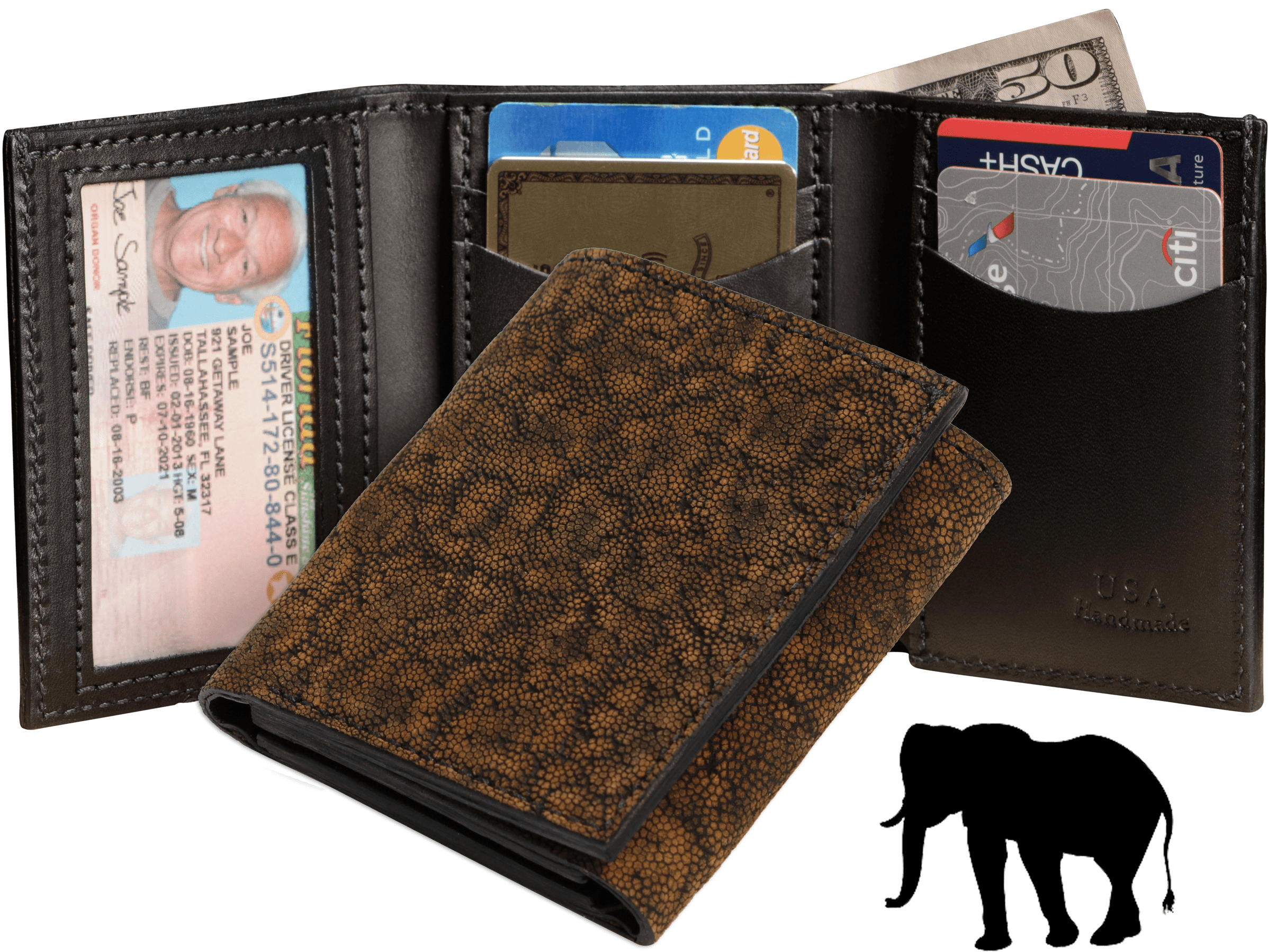 Tree Bark Elephant Luxury Designer Exotic Trifold Wallet With ID