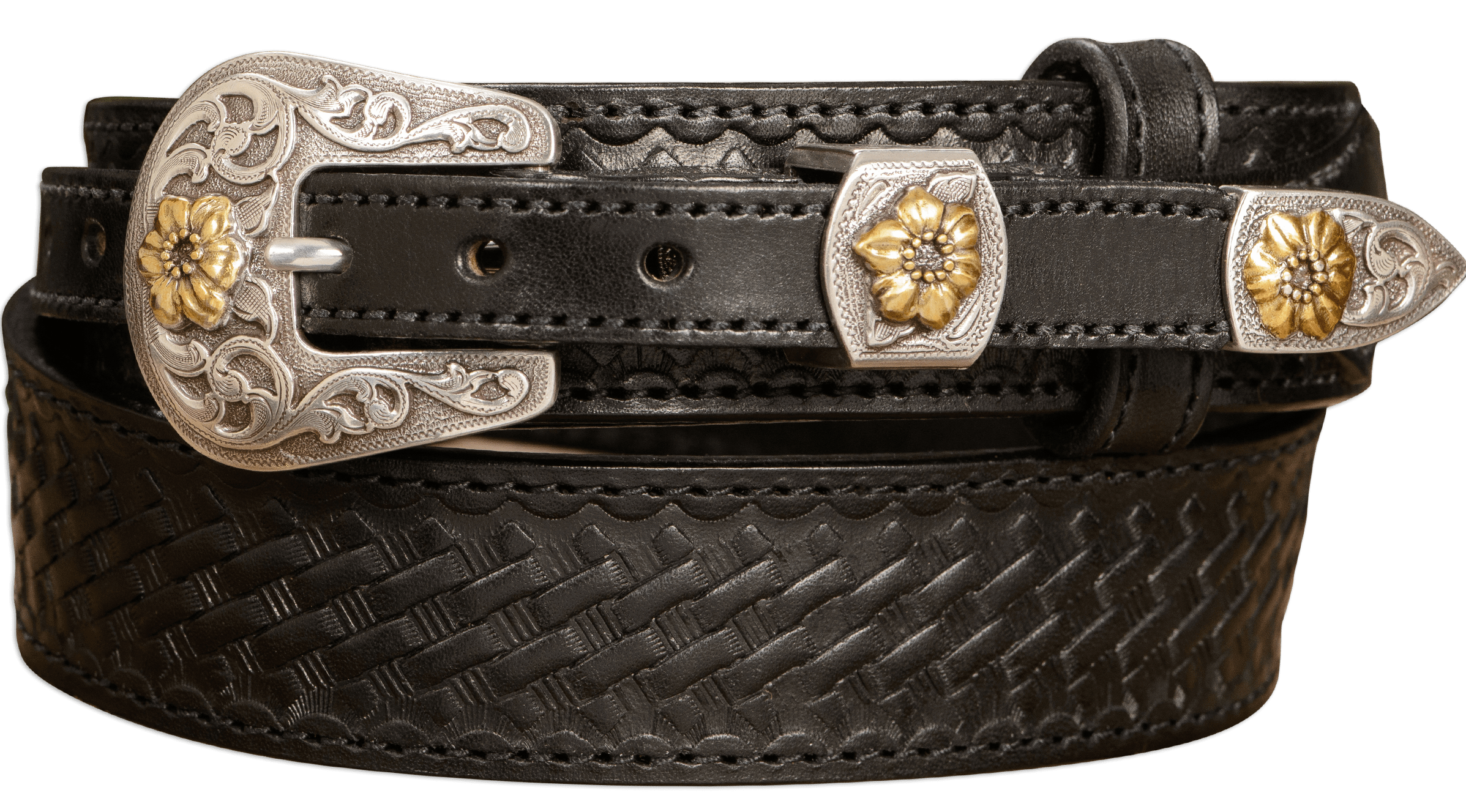 The Texan Black Western Ranger Belt with Stitched Basket Weave