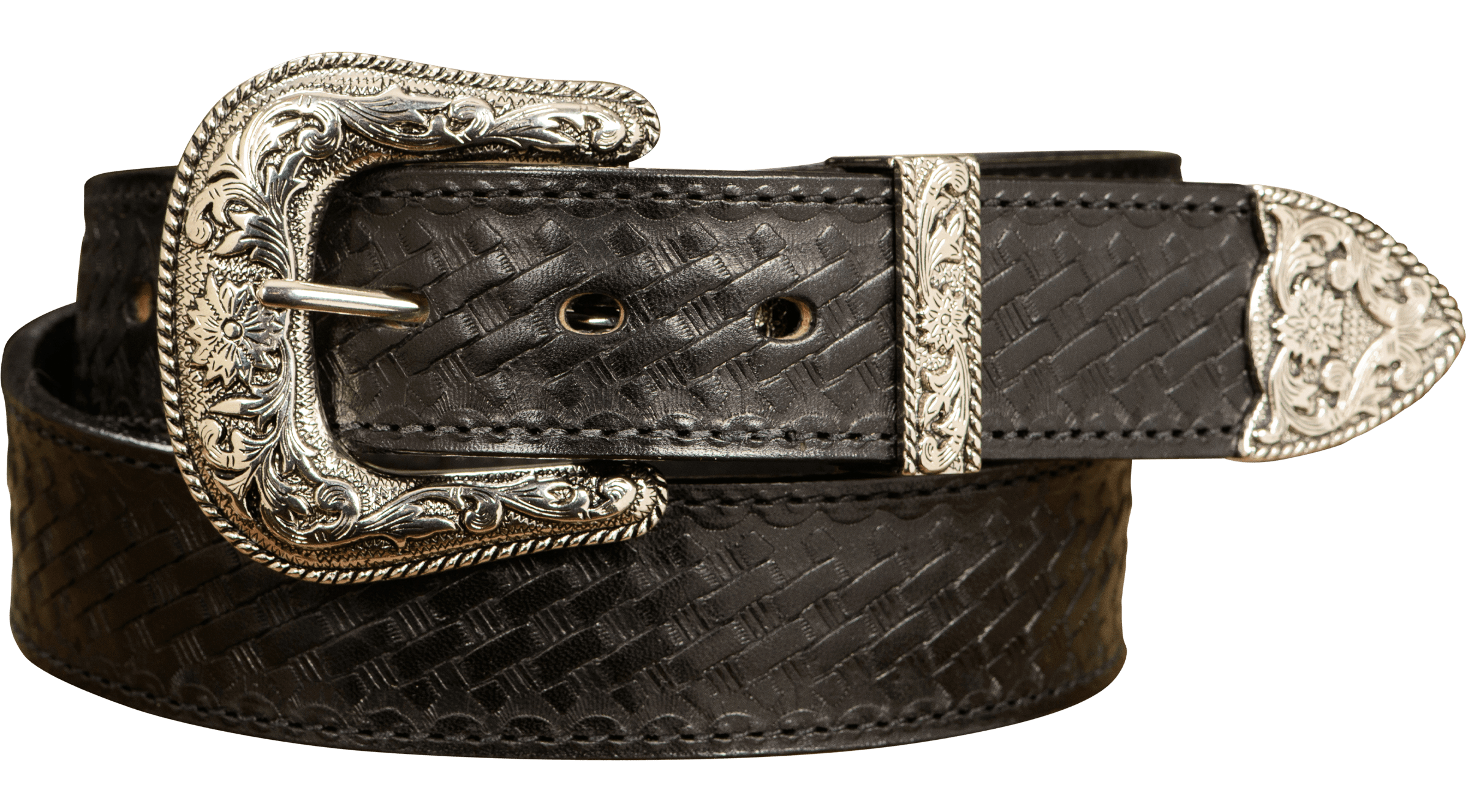 The Wayne: Men's Black Stitched Basket Weave Western Leather Belt 1.50 The Wayne: Men's Black Stitched Basket Weave Western Leather Belt 1.50