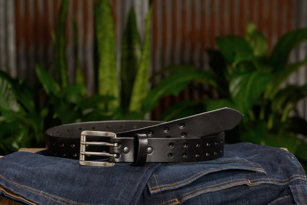 The Holey Bull: Black Non Stitched Double Prong With Nickel Roller 1.50" - Amish Made Belts