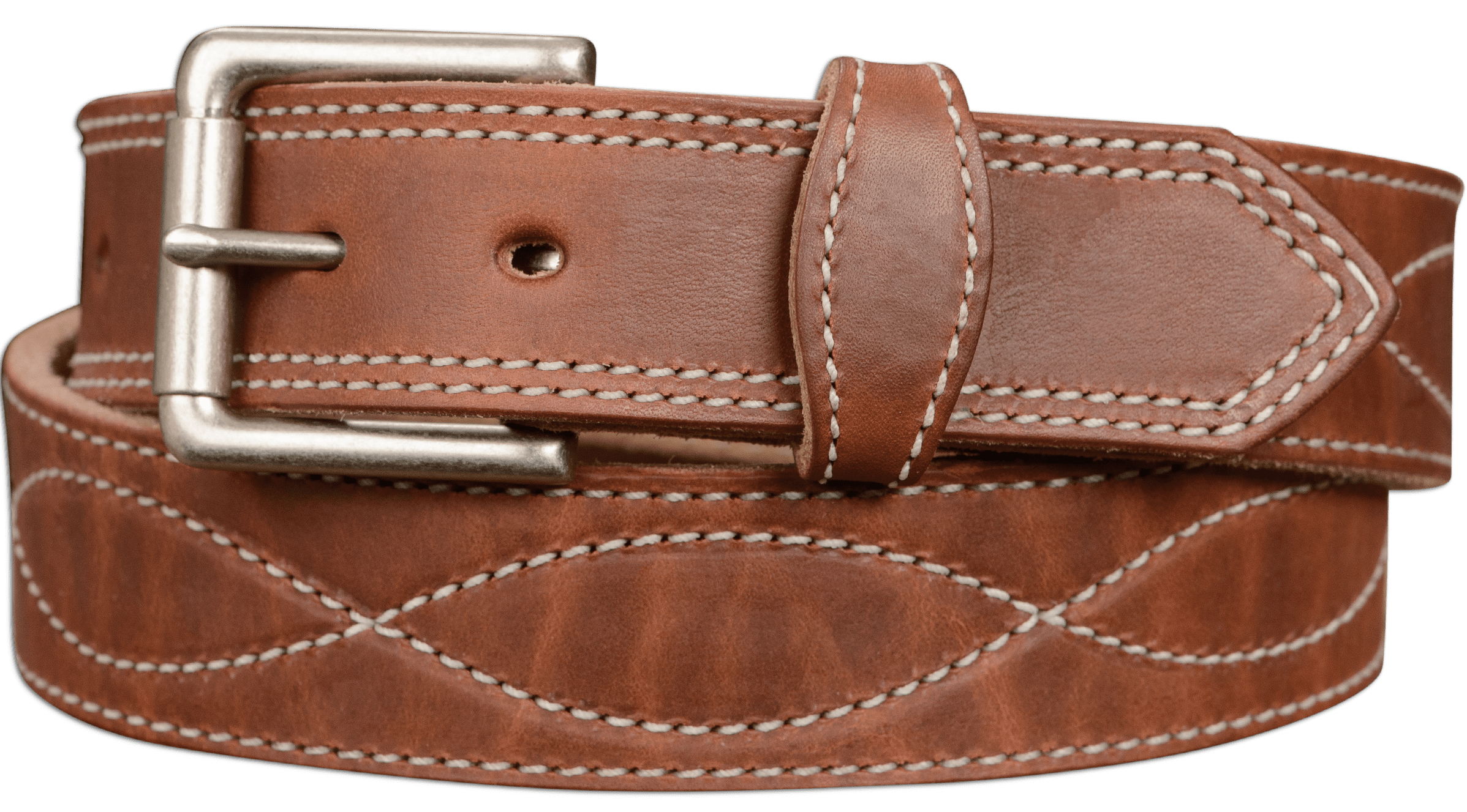 The Maverick: Men's Hot Dipped Tan Figure 8 Stitched Leather Belt With  White Thread 1.50