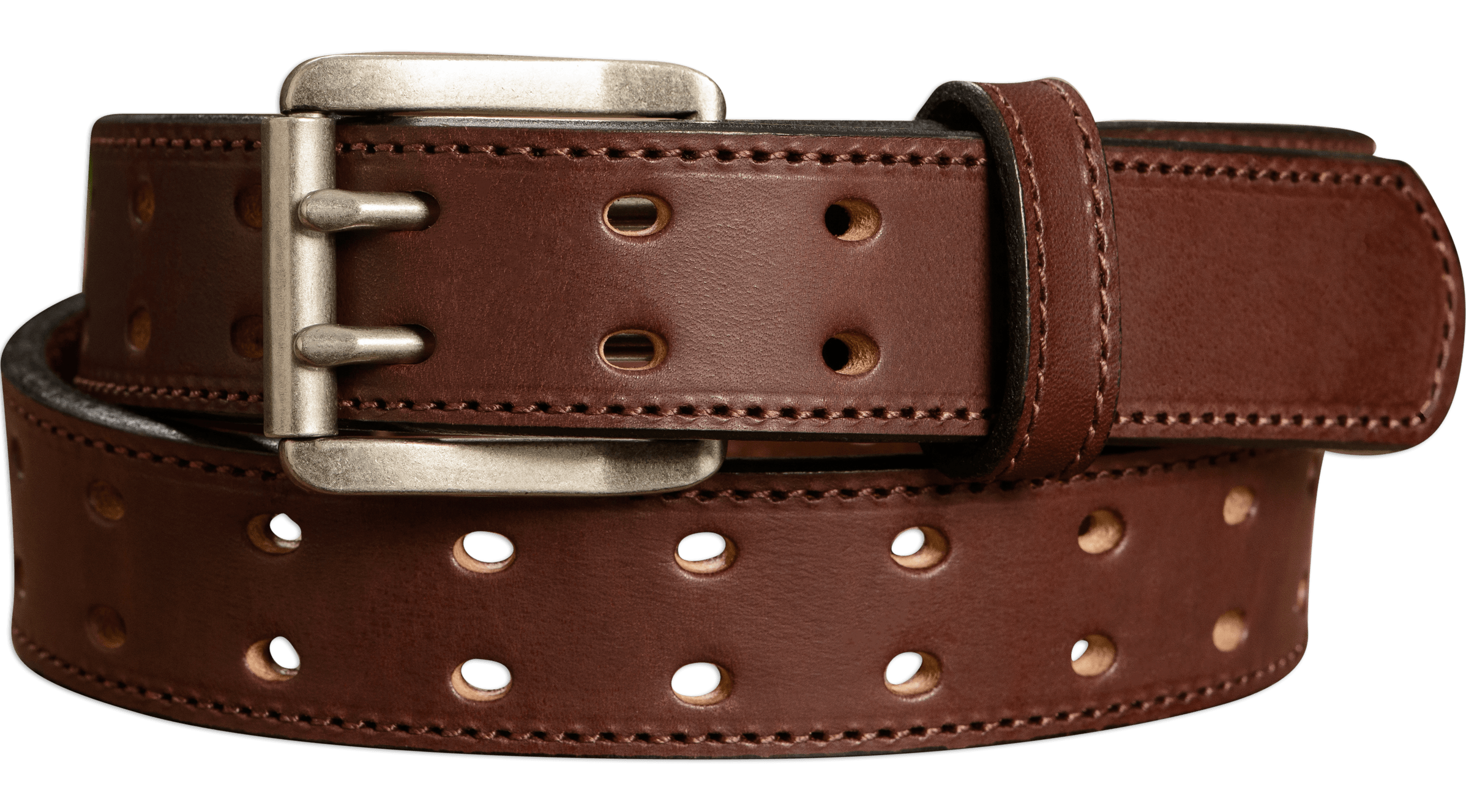 Men's Brown Stitched Leather Belt with Double Prong Buckle 1.50