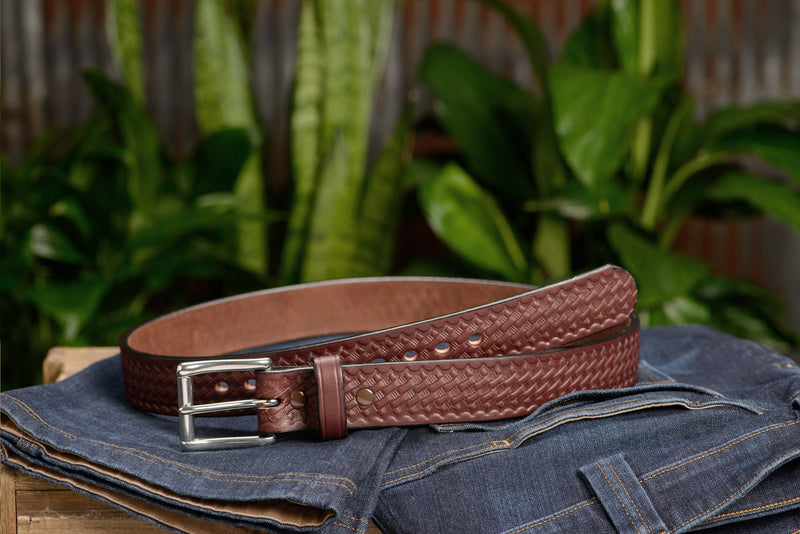 The Eastwood: Men's Brown Basket Weave Leather Belt Max Thick 1.50" - Amish Made Belts