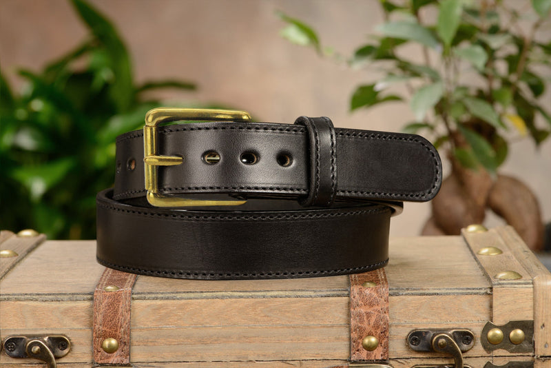 The Eastwood: Men's Black Stitched Leather Belt Max Thick With Brass 1.50" - Bullhide Belts