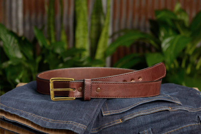 The Eastwood: Men's Brown Stitched Leather Belt Max Thick With Brass 1.50" - Bullhide Belts