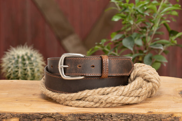 The Crazy Horse: Men's Rustic Brown Stitched Leather Belt 1.375" (Brown Colored Thread)