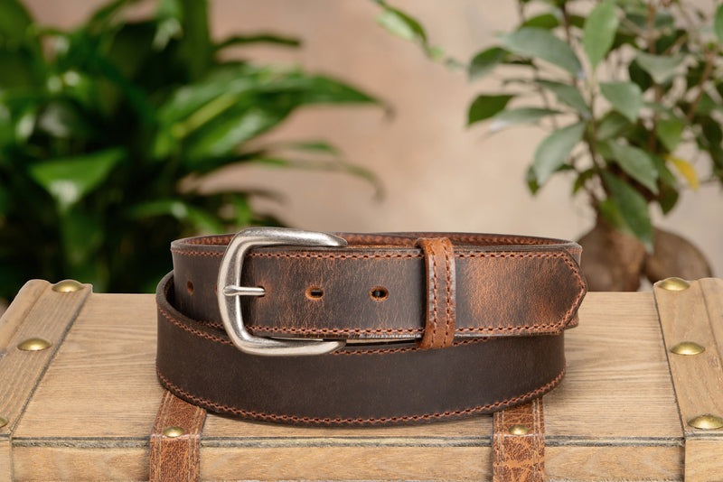 The Crazy Horse: Men's Rustic Brown Stitched Leather Belt 1.375" (Brown Colored Thread)