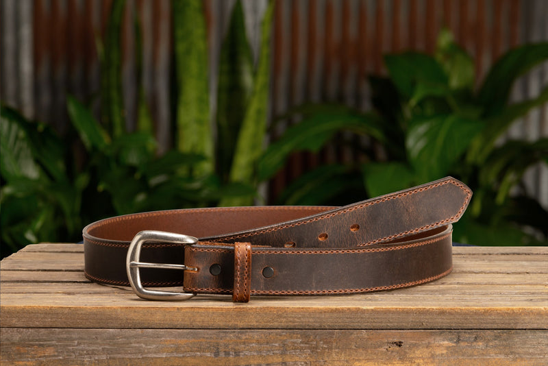 The Crazy Horse: Men's Rustic Brown Stitched Leather Belt 1.375" (Brown Colored Thread)