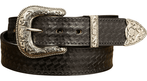 The Wayne: Men's Black Stitched Basket Weave Western Leather Belt 1.50" - Amish Made Belts