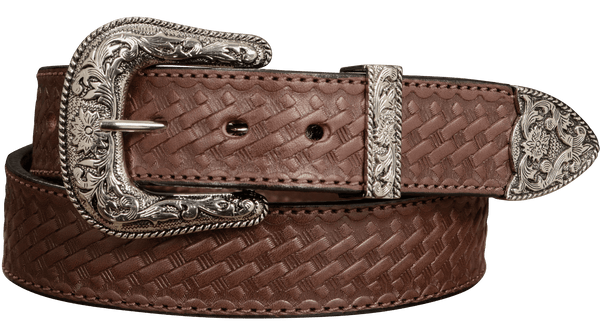 The Wayne: Men's Brown Stitched Basket Weave Western Leather Belt 1.50" - Amish Made Belts