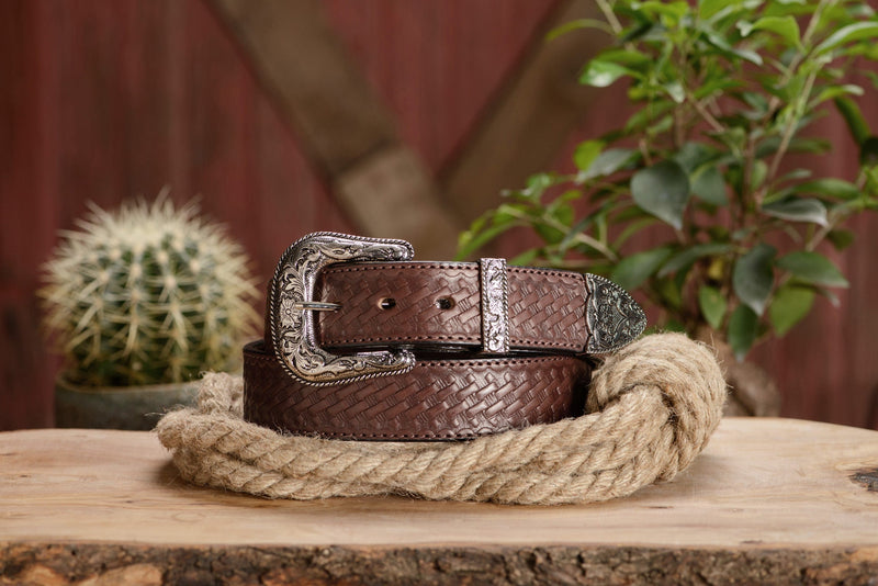 The Wayne: Men's Brown Stitched Basket Weave Western Leather Belt 1.50" - Amish Made Belts