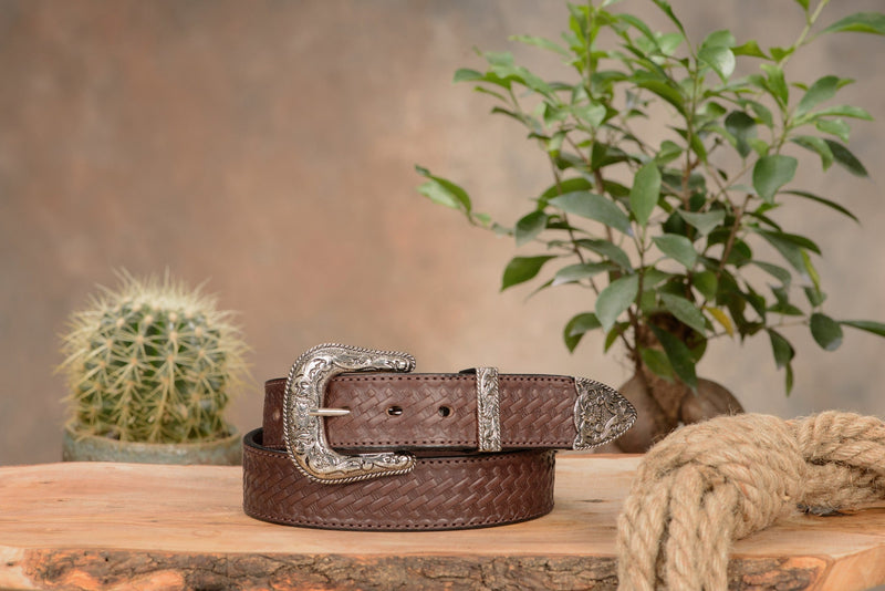 The Wayne: Men's Brown Stitched Basket Weave Western Leather Belt 1.50" - Amish Made Belts