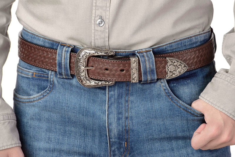 The Wayne: Men's Brown Stitched Basket Weave Western Leather Belt 1.50" - Amish Made Belts