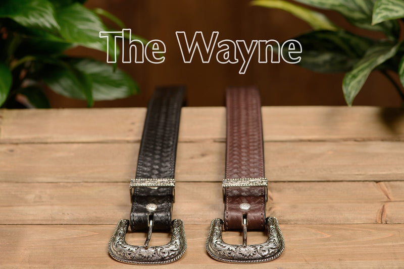 The Wayne: Men's Brown Stitched Basket Weave Western Leather Belt 1.50" - Amish Made Belts