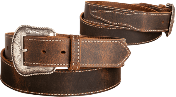 The Crazy Horse: Men's Rustic Brown Stitched Western Leather Belt 1.50" With Scalloped Ends