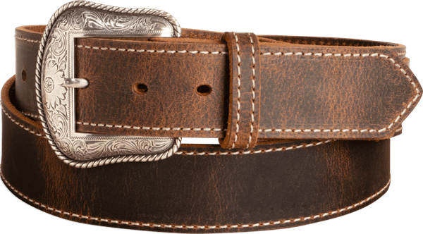 The Crazy Horse: Men's Rustic Brown Stitched Western Leather Belt 1.50" With Scalloped Ends