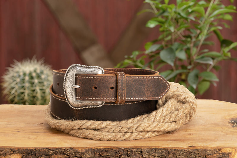 The Crazy Horse: Men's Rustic Brown Stitched Western Leather Belt 1.50" With Scalloped Ends