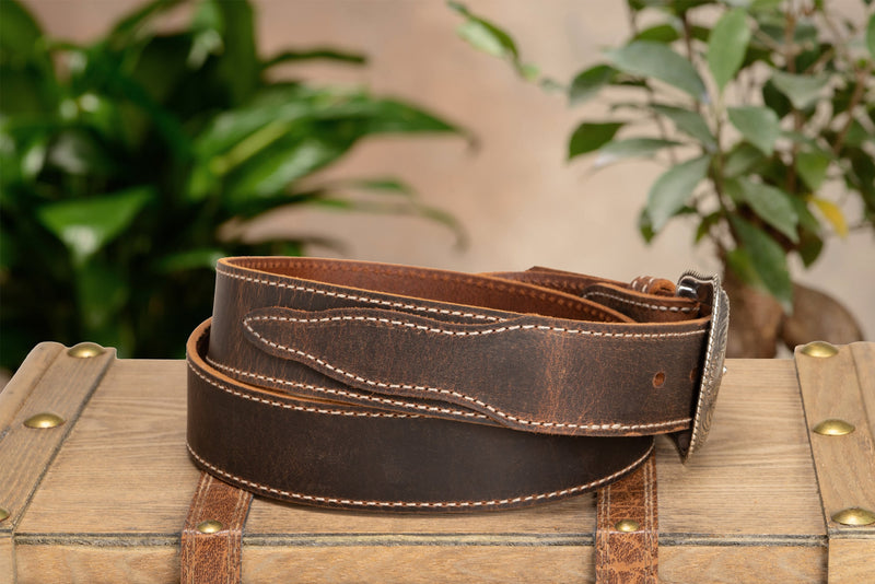 The Crazy Horse: Men's Rustic Brown Stitched Western Leather Belt 1.50" With Scalloped Ends