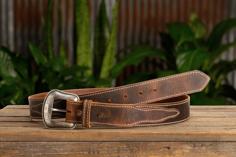 The Crazy Horse: Men's Rustic Brown Stitched Western Leather Belt 1.50" With Scalloped Ends