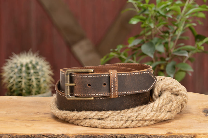 The Crazy Horse: Men's Rustic Brown Stitched Leather Belt 1.50" With Scalloped Ends