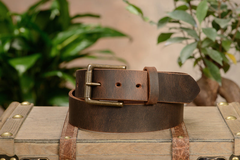 The Crazy Horse: Men's Rustic Brown Non Stitched Leather Belt 1.50" - Amish Made Belts