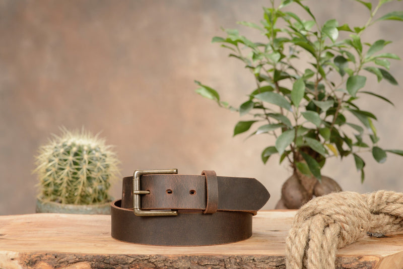 The Crazy Horse: Men's Rustic Brown Non Stitched Leather Belt 1.50" - Amish Made Belts