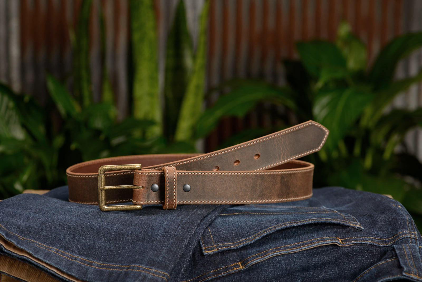 Metal free order leather belt with wooden buckle.