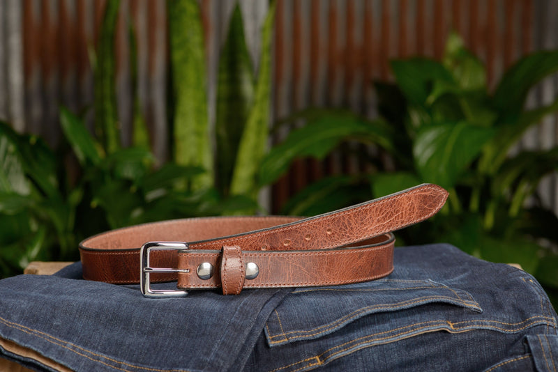 The Lakota: Rustic Brown Stitched Water Buffalo With Snaps 1.25" - Amish Made Belts