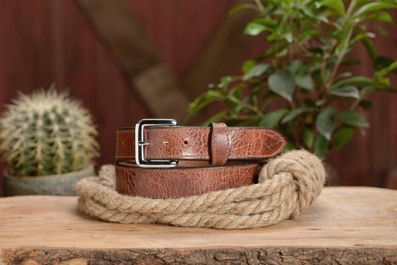 The Lakota: Rustic Brown Stitched Water Buffalo With Snaps 1.25" - Amish Made Belts