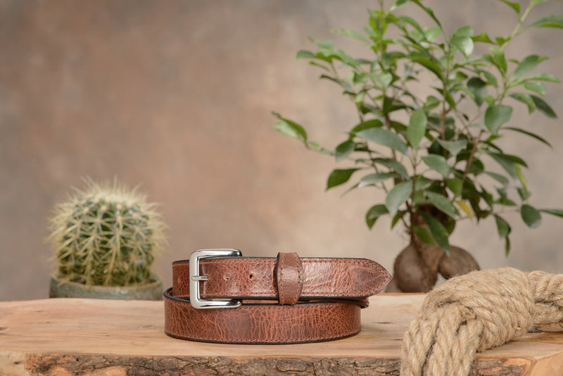 The Lakota: Rustic Brown Stitched Water Buffalo With Snaps 1.25" - Amish Made Belts