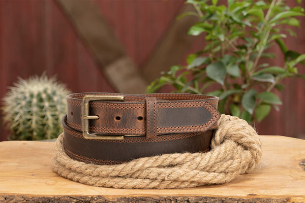 The Crazy Horse: Men's Rustic Brown Double Stitched Leather Belt 1.50" (Brown Colored Thread)