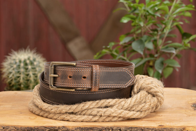 The Crazy Horse: Men's Rustic Brown Double Stitched Leather Belt 1.50" (White Colored Thread)