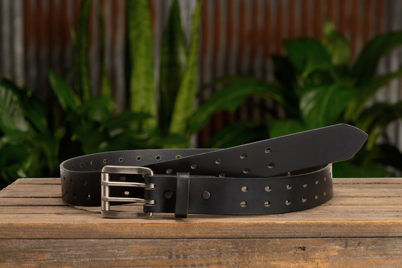 The Holey Buffalo: Black Non Stitched Double Prong Water Buffalo Leather Belt With Nickel Roller 1.50" (Soft & Flexible)