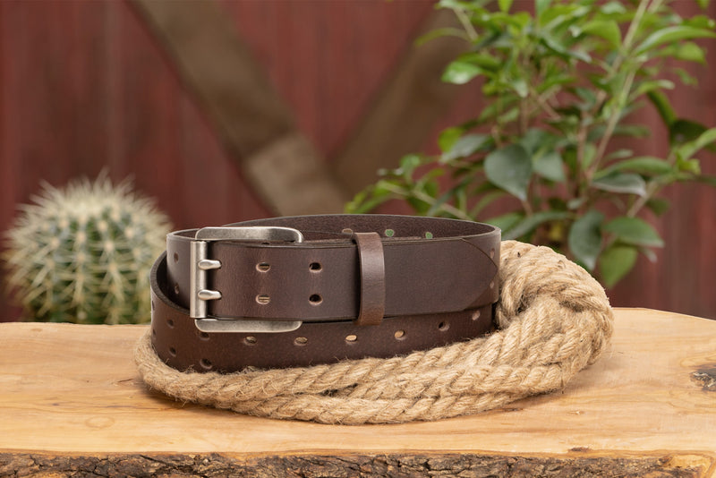 The Holey Buffalo: Brown Non Stitched Double Prong Water Buffalo Leather Belt With Nickel Roller 1.50" (Soft & Flexible)