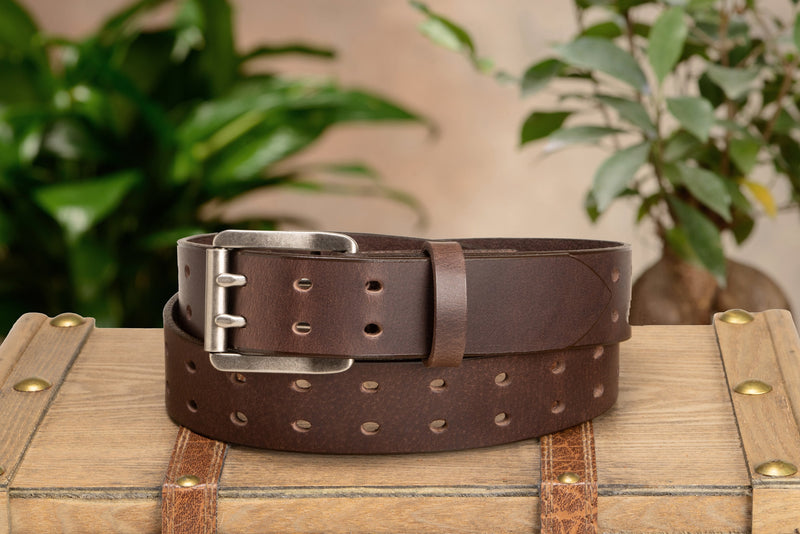 The Holey Buffalo: Brown Non Stitched Double Prong Water Buffalo Leather Belt With Nickel Roller 1.50" (Soft & Flexible)