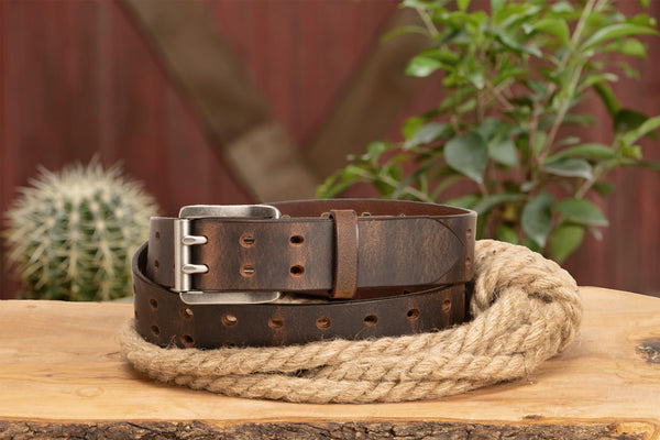 The Holey Buffalo: Crazy Horse Non Stitched Double Prong Water Buffalo Leather Belt With Nickel Roller 1.50" (Soft & Flexible)