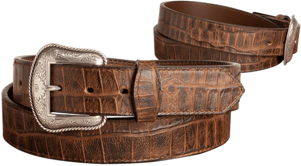 The Chomper: Men's Brown Stitched Alligator Design Western Leather Belt 1.50"