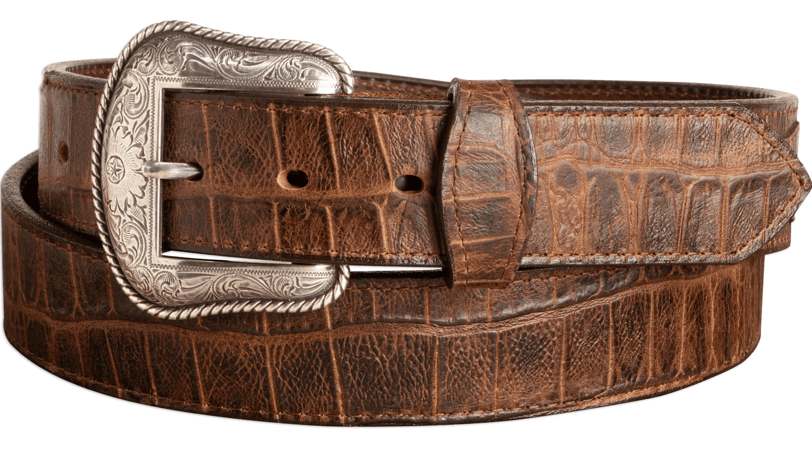 Mens Brown Alligator Textured Leather Belt 1.50