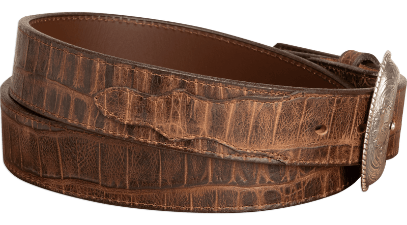 The Chomper: Men's Brown Stitched Alligator Design Western Leather Belt 1.50"