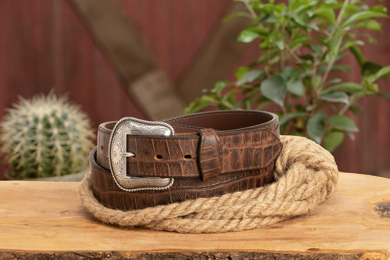 The Chomper: Men's Brown Stitched Alligator Design Western Leather Belt 1.50"