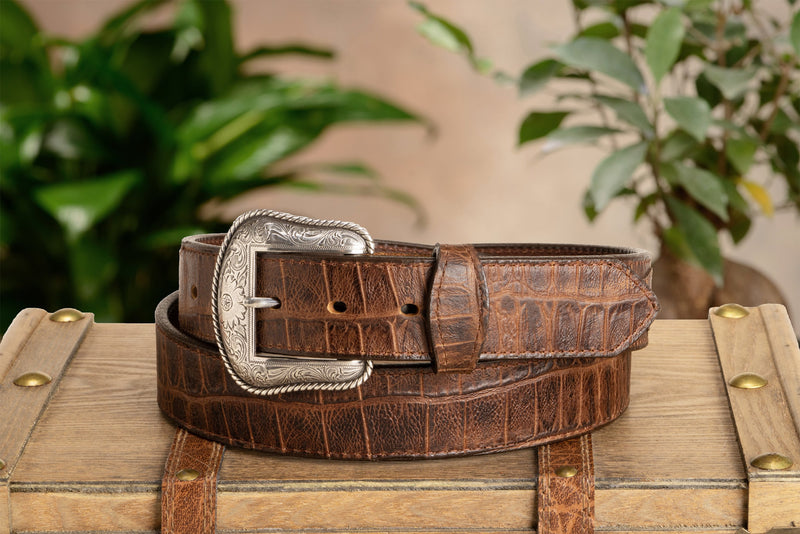 The Chomper: Men's Brown Stitched Alligator Design Western Leather Belt 1.50"