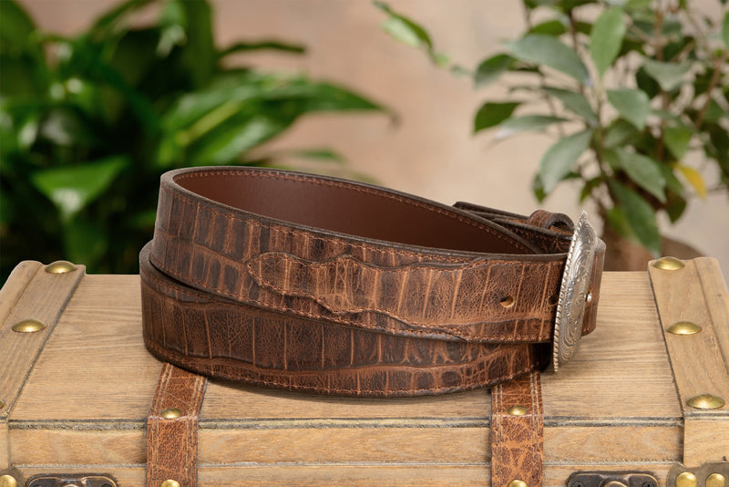 The Chomper: Men's Brown Stitched Alligator Design Western Leather Belt 1.50"