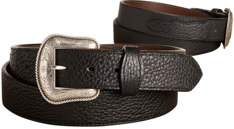 The Forester: Black Stitched Western American Bison Belt - Scalloped Ends 1.50" - AmishMadeBelts.com