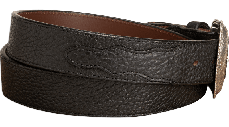 The Forester: Black Stitched Western American Bison Belt - Scalloped Ends 1.50" - AmishMadeBelts.com