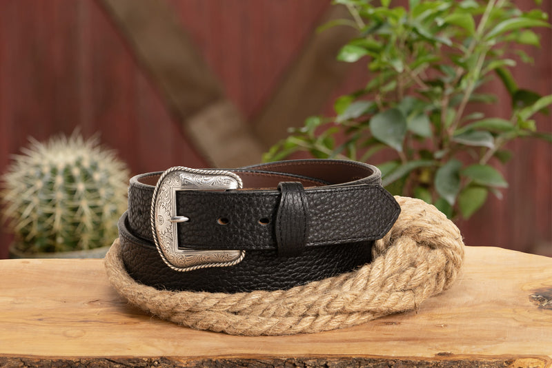 The Forester: Black Stitched Western American Bison Belt - Scalloped Ends 1.50"