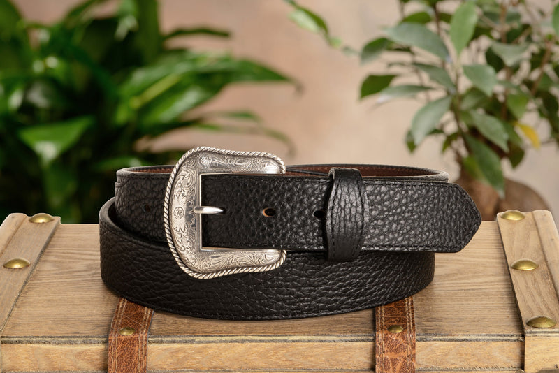 The Forester: Black Stitched Western American Bison Belt - Scalloped Ends 1.50" - AmishMadeBelts.com