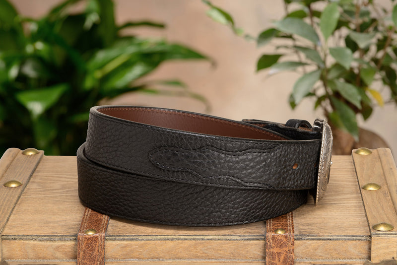 The Forester: Black Stitched Western American Bison Belt - Scalloped Ends 1.50"