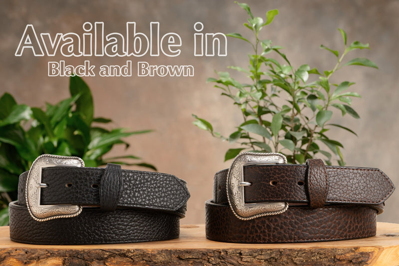 The Forester: Black Stitched Western American Bison Belt - Scalloped Ends 1.50" - AmishMadeBelts.com