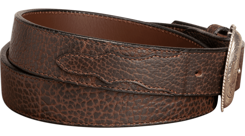 The Forester: Brown Stitched Western American Bison Belt - Scalloped Ends 1.50"